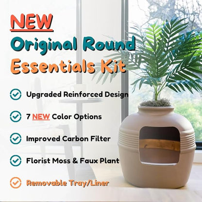 Good Pet Stuff Hidden Litter Box Planter, Decorative Cat Litter Enclosure with Carbon Filter, Artificial Plant, Easy Clean, Removable Liner, Round Style, Essentials Kit, Chestnut Brown