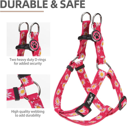 PUPTECK No Pull Dog Harness Soft Adjustable Basic Nylon Step in Puppy Vest Outdoor Walking with ID Tag, Fuchsia Daisy, M