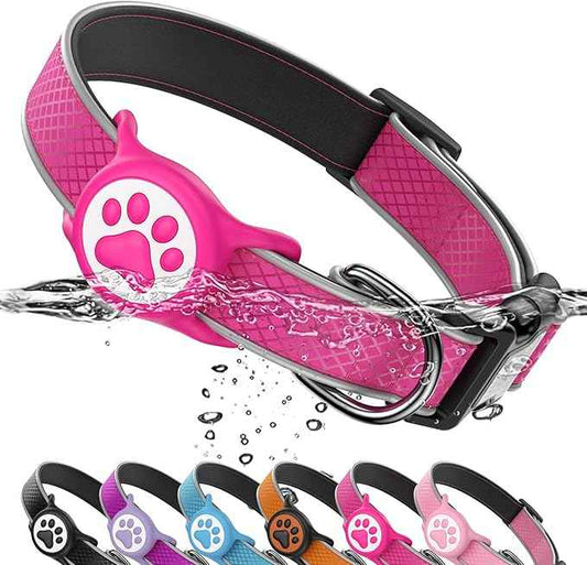 Airtag Dog Collar, IPX8 Waterproof Air Tag Dog Collar Holder | Reflective Ultra-Durable | Soft Padded | Safety Locking Buckle | Fit Miedium Dogs (Rose Red M(12.6"-19.6"))