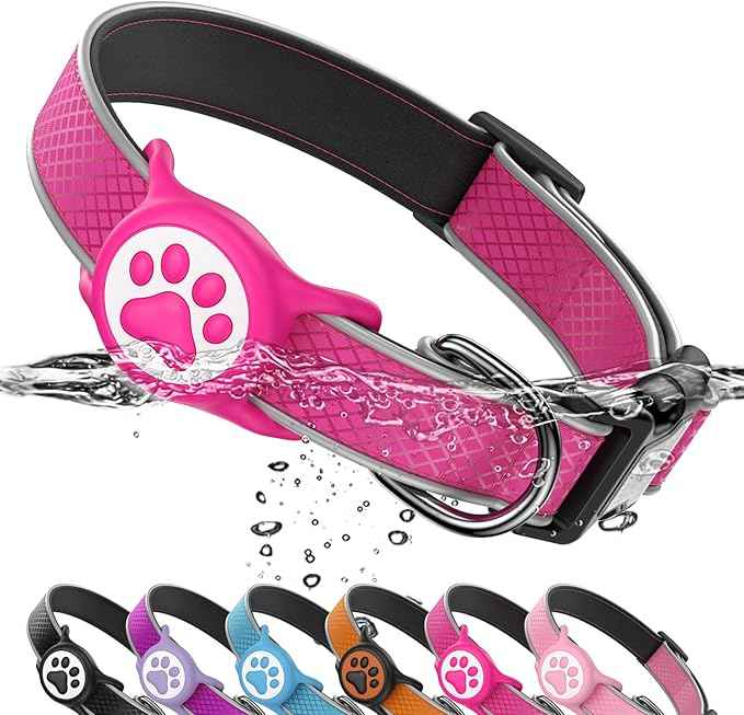 Reflective Dog Collar with Waterproof air tagholder & Anti-Lost QR Code | Ultra-Durable | Soft Padded | Safety Locking Buckle | Fit Large Dogs (Rose Red L(15.7"-23.6"))