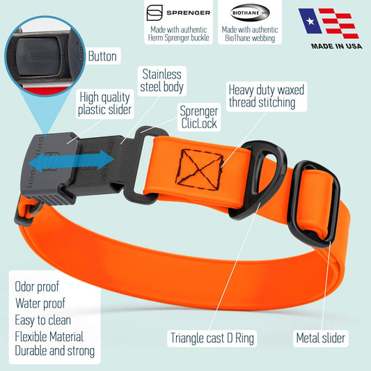 Dogline Biothane Waterproof Dog Collar with Herm Sprenger Black Stainless Steel Quick Release Buckle – Heavy Duty Tactical Durable Collar for Dogs – Comfortable and Safe Pet Collar W1 L 15-25" Orange