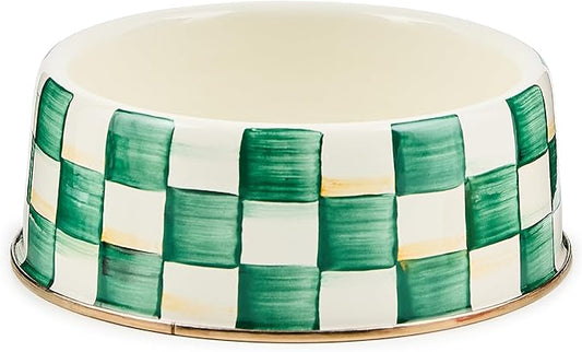 MACKENZIE-CHILDS Enamel Pet Bowl, Cute Cat and Dog Bowl for Food and Water, Large, Green-and-White Emerald Check