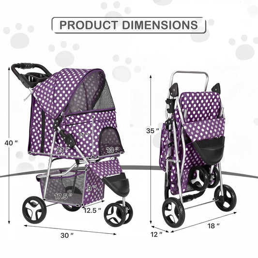 MoNiBloom 3 Wheels Pet Dog Cat Stroller for Small Medium Dogs Cats, Foldable Jogger Stroller w/Storage Basket and Cup Holder, Purple Polka Dots - Pawvie