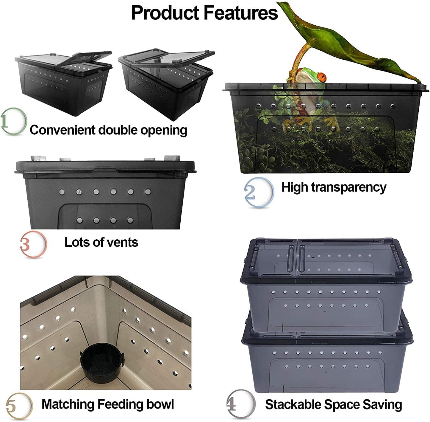 kathson Reptile Feeding Box Portable Small Snake Terrarium Habitat Mini Pet Breeding Cage Hatching Container Transparent Lizard Houses for Tarantula Spider Scorpion Gecko Frog 2PCS (Black)