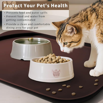 Silicone Pet Feeding Mat with Raised Edge & Residue Collection Pocket for Food and Water, Dog Bowl Mats, Cat Bowls Placemat with High Lip for Floor Waterproof, 19 x 12 x 0.7 Dark Brown