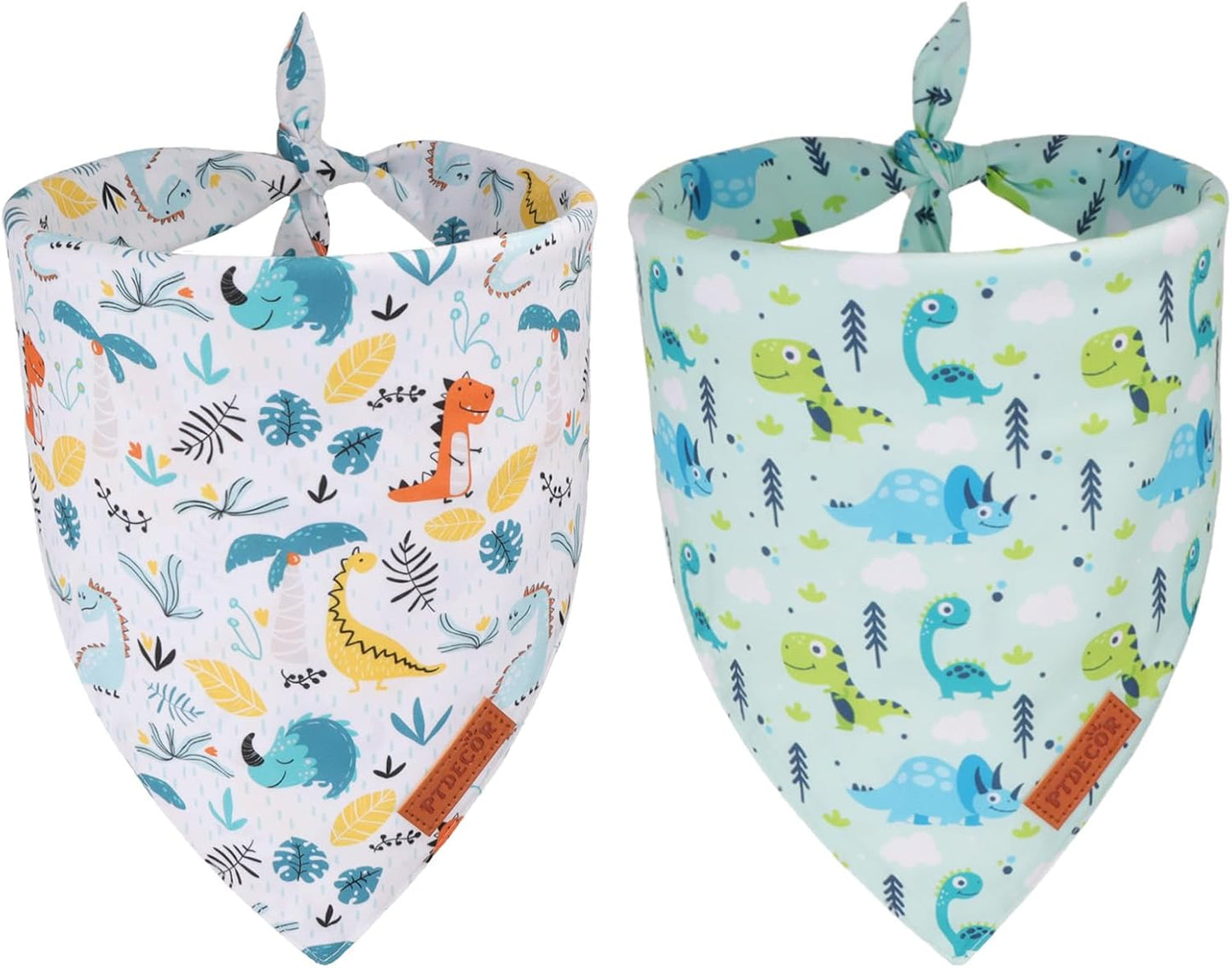 PTDECOR Dinosaurs Dog Bandana, Dinosaurs Design Reversible Pet Scarf Bib, Premium Durable Fabric, Adjustable White Green Bandanas for Medium Large Dogs Pets (Large)