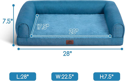Hollypet Orthopedic Dog Bed for Medium Dogs, Supportive Foam Pet Couch with Removable Washable Cover and Non-Slip Bottom, Waterproof Lining Dog Sofa Bed, Blue, M (28 * 22.5 * 7.5)