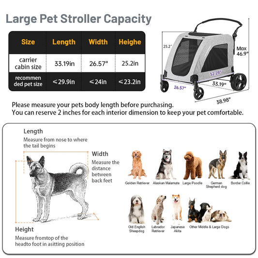 EchoSmile XL Extra Large Dog Stroller - Adjustable Handles,Lightweight Folding Pet Stroller,All-Terrain 4 Wheel for 2 Medium Dogs,Dual Entry Safety Dog Stroller,Capacity 160 lbs,Gray - Pawvie