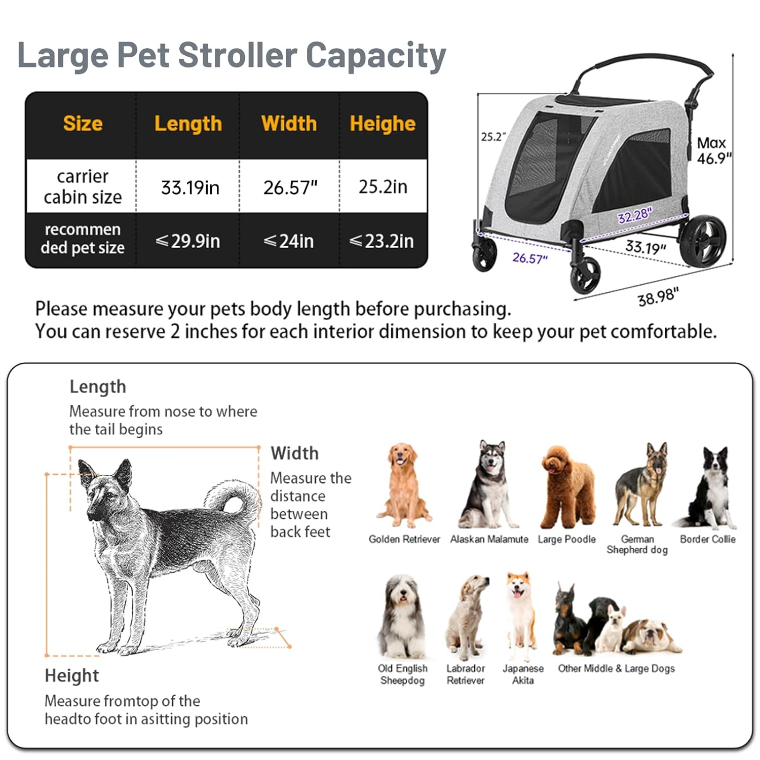 EchoSmile XL Extra Large Dog Stroller - Adjustable Handles,Lightweight Folding Pet Stroller,All-Terrain 4 Wheel for 2 Medium Dogs,Dual Entry Safety Dog Stroller,Capacity 160 lbs,Gray - Pawvie