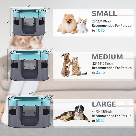 Portable Dog Cat Playpen with Waterproof Pad,Collapsible Pet Puppy Kitten Crate,Foldable Small Animals Kennel Cage for Indoor Outdoor Travel Camping,Water-Resistant Breathable Shade Cover (Green M)