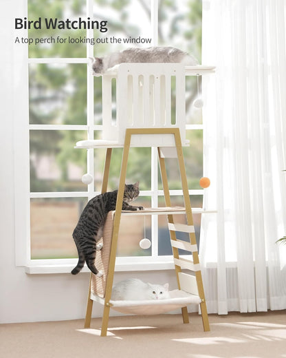 FourFurPets Modern Cat Tree, 58-Inch Cat Tower for Large Cats, Maine Coon Cat Tree with Scratching Board, Large Perch, Hammock and Removable Pads, White