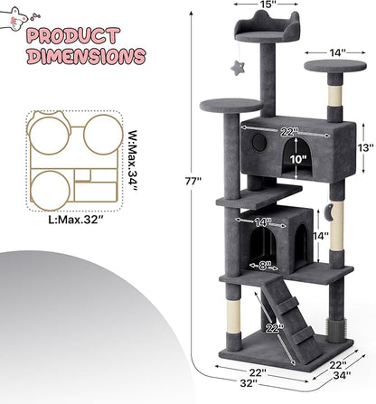 MoNiBloom 77 Inch Cat Tree Tower for Indoor Cats Large Adults, Tall Cat Tower with Scratching Post, Multi-Level Furniture Activity Center with Cat Condo Pet Play House, Smoky Grey