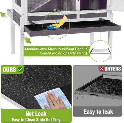 GUTINNEEN Indoor Guinea Pig Cage Rabbit Hutch with Chew-Proof Ramp, 2-Story Wooden Bunny House with Pull-Out Trays & Leakproof PVC Layer, Small Animal Cages with Detachable Legs (Gray)