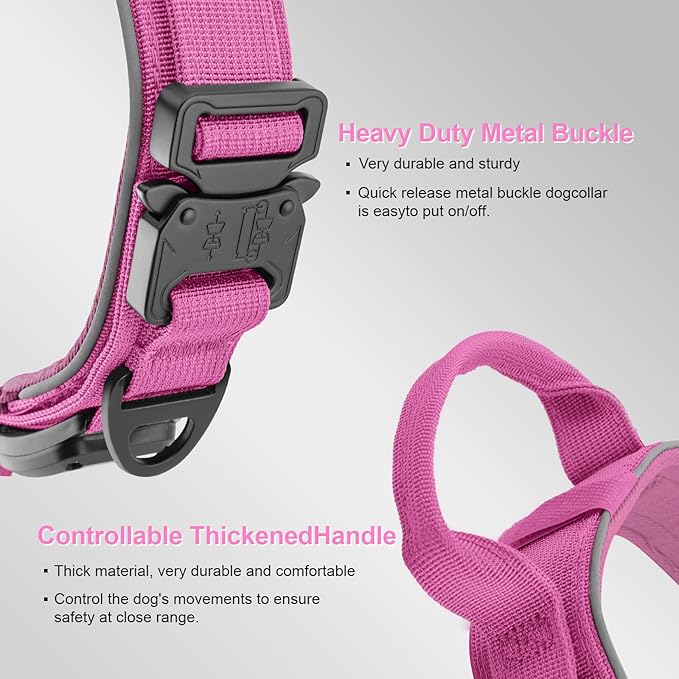 2026 Upgrade Dog Collar with IPX8 Waterproof AirTag Holder,Military Tactical Comfortable Control Handle and Ultra-Durable Metal Buckle/Night Reflective,GPS Collar for Medium to Large Dogs（Pink/L）