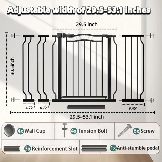 Baby Gate for Stairs 29.53"-53.1" Extra Wide, Pressure Mounted Dog Gate Indoor, Walk Thru Pet Gate for Cat Dog Child,Pet Gates for The House Doorway Black