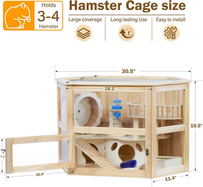 Wooden Hamster Cage 3 Tier Small Animal Cage,Large Syrian Hamster House with Openable Top and Acrylic Sheets 11-Piece Set (30" L x 20" W x 20" H)