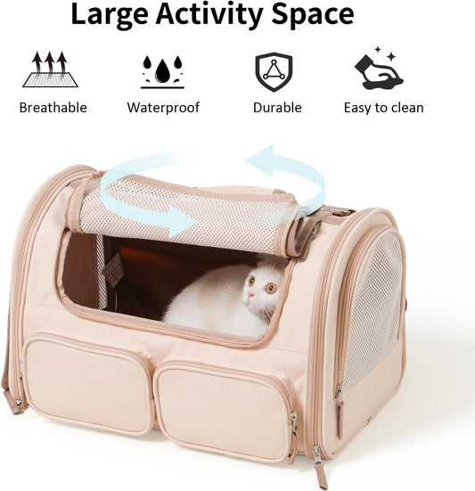 FUKUMARU Cat Carrier, 4 Mesh Windows Small Dog Carrier, 4 Storage Pockets Cat Travel Bag, Under 15 lb Airline Approved Pet Carrier, Rollable Cover for Nervous Cats, Pink