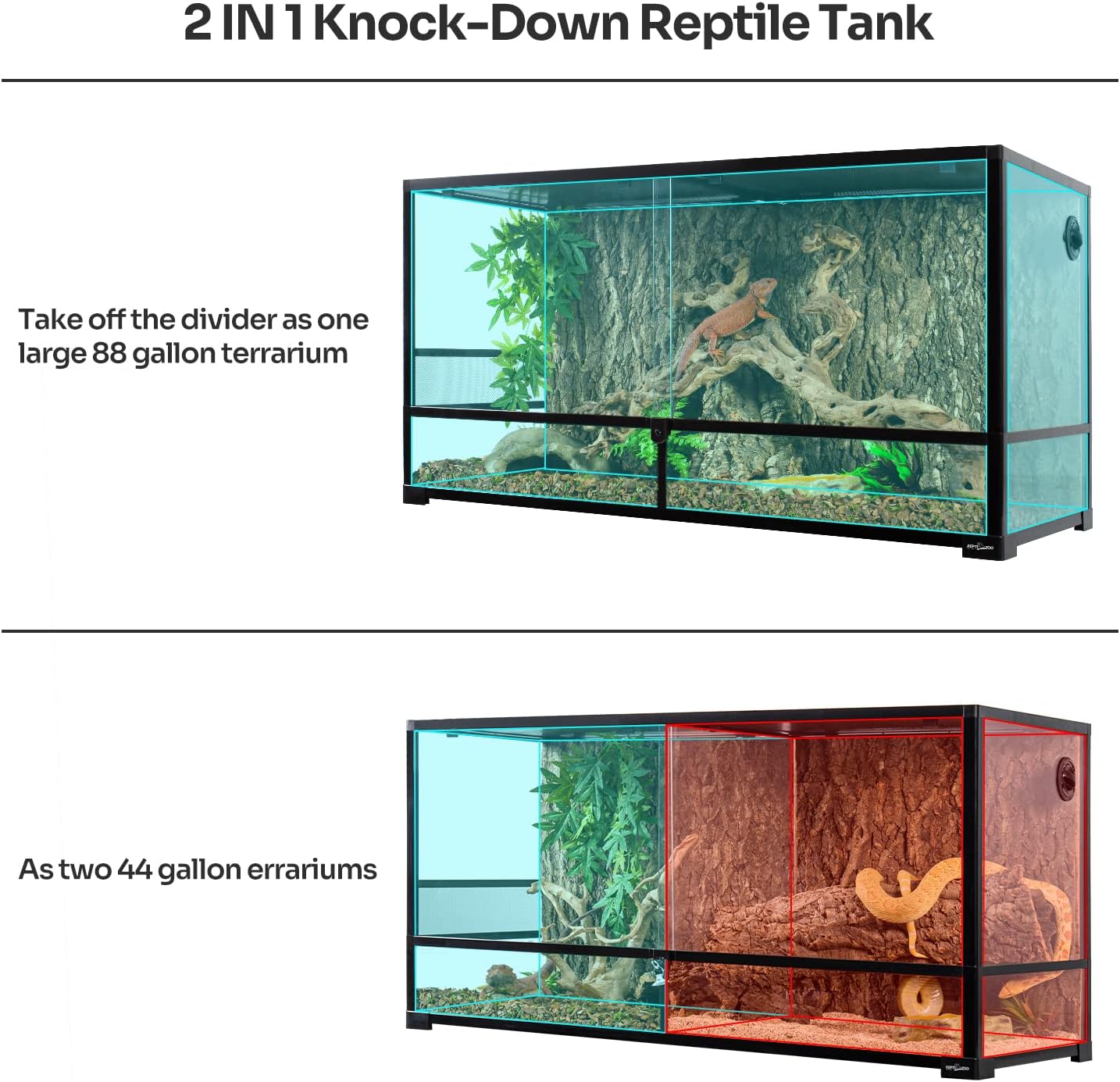 REPTIZOO 88 Gallon Large Reptile Terrarium 48" x 18" x 24" Knock-Down Glass Reptile Tank with Double Hinge Door & Screen Ventilation, Supporting Used as 2 Separate Habitats Easy Assembly - Pawvie