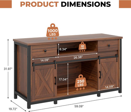 Miereirl 75-120 Gallon Fish Tank Stand with Power Outlet – Heavy Duty Aquarium Stand, Rustic Farmhouse Style, 1000 lb Capacity, Adjustable Storage & Sliding Barn Doors, Light Brown