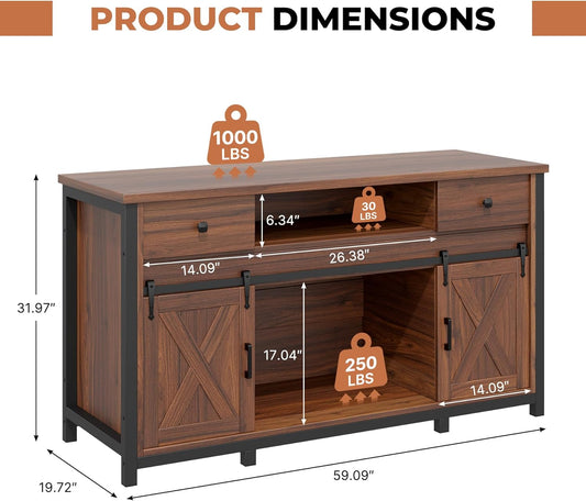 Miereirl 75-120 Gallon Fish Tank Stand with Power Outlet – Heavy Duty Aquarium Stand, Rustic Farmhouse Style, 1000 lb Capacity, Adjustable Storage & Sliding Barn Doors, Light Brown