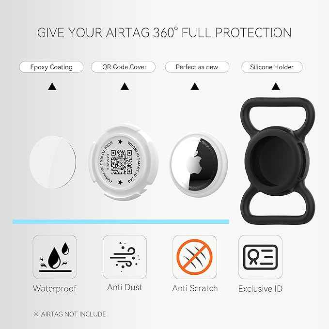 QR Code Airtag Holder, Scan QR Code Send Location Alert Email, Waterproof Full Body Protection Anti-Lost Air Tag Case, Airtag Accessories for Dog, Cats, Collar, Backpack (Black, Large)