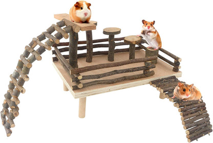 HOSUKKO Hamster Climbing Toys Wooden Hamster Playing Activity Set, Hamster Activity Playground Climb Platform Apple Wood Chewing Toys for Hamster Small Pets (D-Playground with Large Bridge)