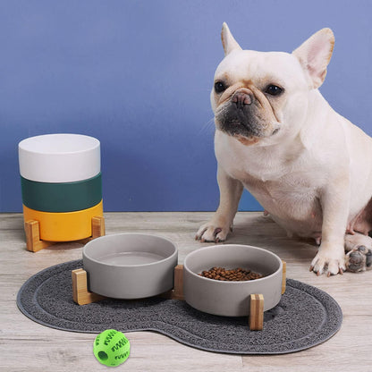 Petygooing Dog Bowls,Grey Ceramic Cat Dog Bowl Set with Wood Stand for Food and Water,Non-Slip Cute Modern Pet Dish Set for Cats and Medium Dogs (28OZ/6.1 in)