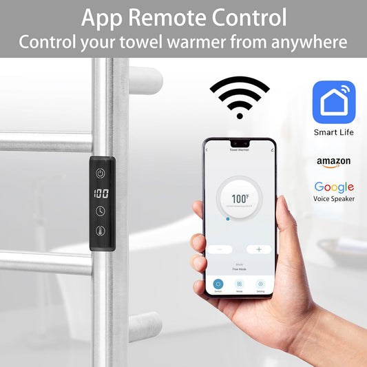 KEG Smart WiFi Towel Warmer Wall Mounted with Built-in Timer and Temperature Adjust Control, 8 Bars Electric Stainless Steel Heated Towel Racks for Bathroom Brushed Nickel