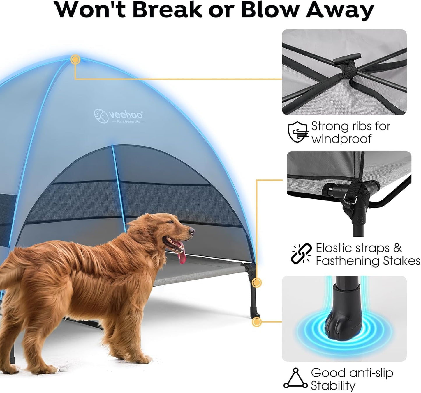 Veehoo Outdoor Dog Bed with Canopy, Cooling Elevated Pet Cot with Removable Shade, Non-Slip Feet, Raised Dog Cot for Large Dogs, Pet Tent Bed for Camping, Beach, XLarge, Grey, CWC2411 - Pawvie