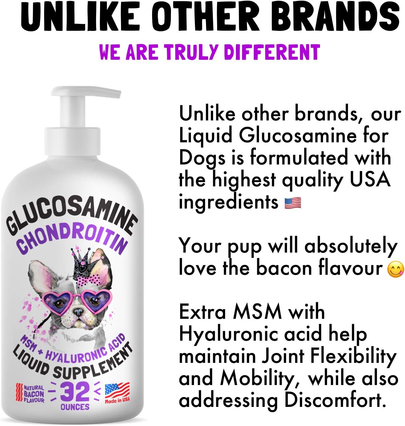 Liquid Glucosamine for Dogs Bacon Flavour Chondroitin, MSM & Hyaluronic Acid K9 Supplement Hip and Joint Formula Advanced Mobility Joint Pain Relief Senior Advanced Supplement for All Breeds 32 oz