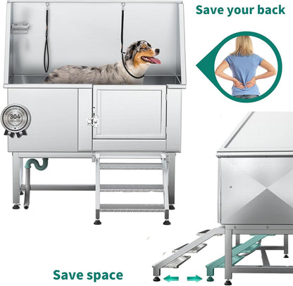 YITAHOME Professional Dog Bathtub 50in, Stainless Steel 304 Dog Bathing Station for Home, Pet Grooming Tub w/Right Stairs, Faucet, Floor Grate, Pet Washing Station for Large, Medium, Small Pets