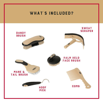 Weaver Equine 6-Piece Horse Grooming Kit, Ergonomic Gentle Horse Care Kit, Equestrian Supplies for Bathing Support, Detangling, and More, Black/Tan