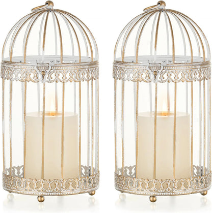 NUPTIO Decorative Bird Cage Lantern: 2 Set of 10 inch Tall Rustic White Birdcage Lanterns Centerpiece Vintage Decorating Metal Pillar Candle Holder for Christmas Bridal Shower Party Decor