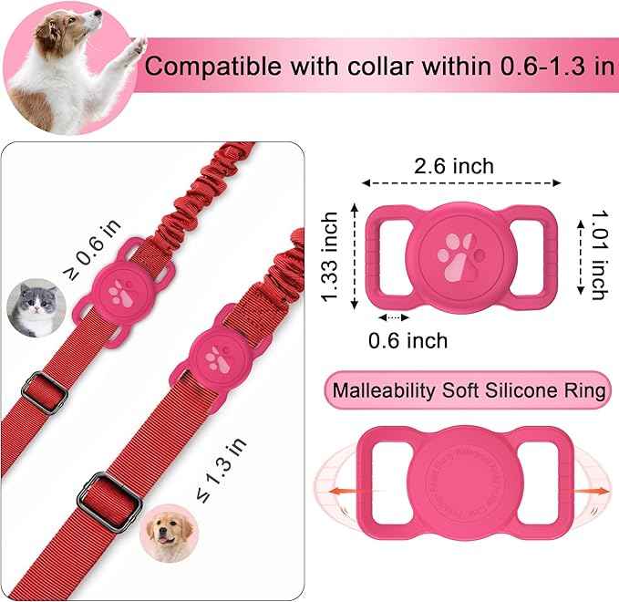 SANKALA Airtag Dog Collar Holder, [1 Pack] Waterproof Airtag Collar Holder for Dog, Silicone Full Body Covered Anti-Lost Protective Apple Airtag Case for Pet Collar - Fits All Width Collars, Rose