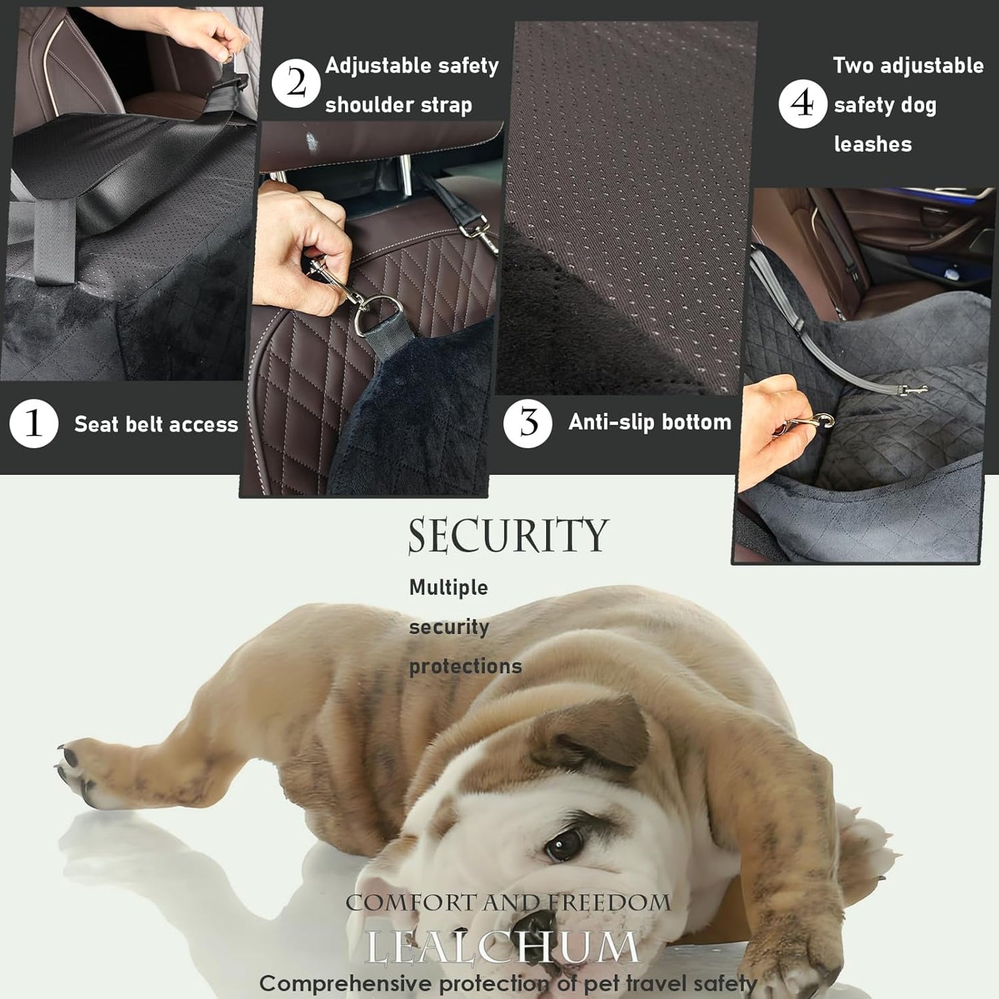 Dog Booster Car Seat for Small/Medium Dogs,6in Memory Foam Elevated Cushion,Fully Detachable and Washable,2 Clip-On Safety Leashes,Anti-Slip Base(Black/Grey,Medium)