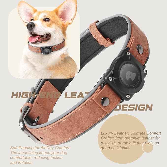 Leather AirTag Dog Collar, Waterproof Dog Collar with Air Tag Holder, Compatible with Apple Air Tag, Reflective, Durable, Comfortable Padded GPS Dogs Collars (MahoganyBrown, L)