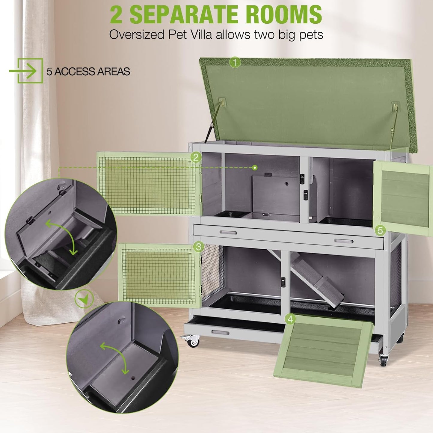 Gutinneen 2-Story Rabbit Hutch with Chew-Proof Ramp, 36" Indoor/Outdoor Rabbit Cage with 4 Casters & 2 Pull-Out Trays, Wooden Bunny Hutch Leakproof Small Animal Cage for Rabbits, Guinea Pigs