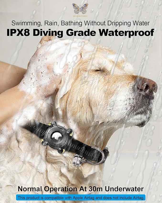 Airtag Dog Collar Holder, IPX8 Waterproof, Removable Metal Buckle Strap - Ultralight Hard TPU, Compatible With Apple AirTag, Black 1 Pack