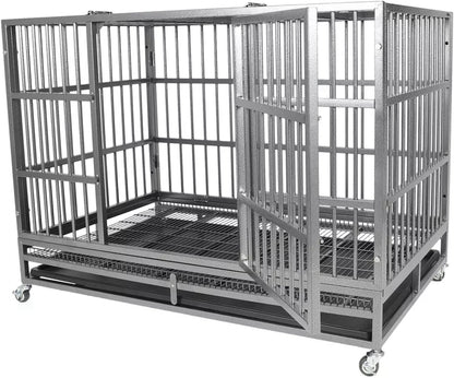 Indestructible Dog Crate Cage Kennel, 47 inches, High Anxiety Dog Crate with Removable Trays, Wheels and Double Door, for Medium and Large Dogs