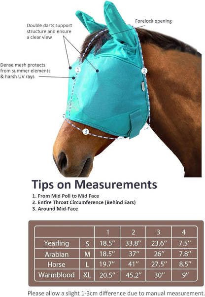 Harrison Howard UV-proof Multi-Function Fabrics Thick Fleece Padding Horse Fly Mask Half Face with Ears Mint Horse Large