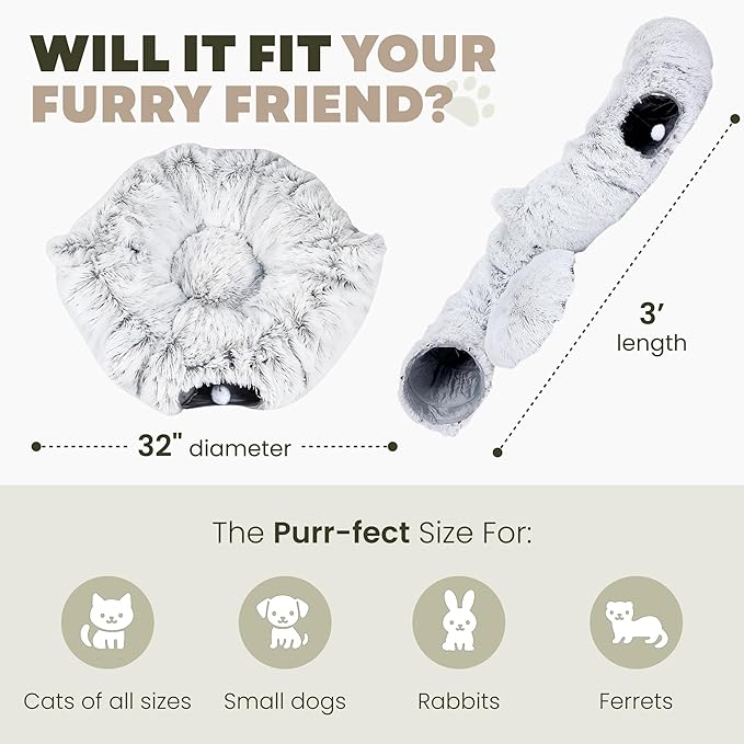 3-in-1 Cat Tunnel Bed Cave with Fun Catnip Interactive Stimulating Kitten Toys for Indoor Bored Cats - Peekaboo Hideaway & Donut Tunnel - Foldable Cute Furry Fuzzy Bed - 32"
