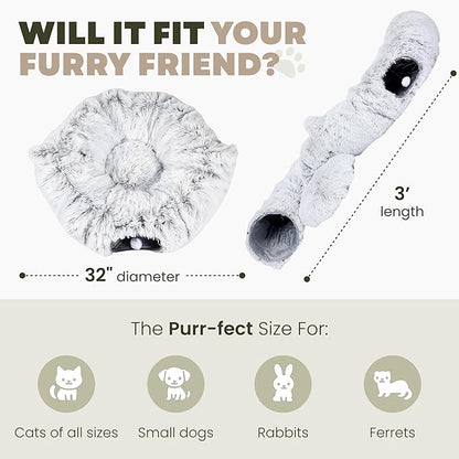 3-in-1 Cat Tunnel Bed Cave with Fun Catnip Interactive Stimulating Kitten Toys for Indoor Bored Cats - Peekaboo Hideaway & Donut Tunnel - Foldable Cute Furry Fuzzy Bed - 32"