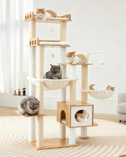Heybly Cat Tree, 70.5 Inch Wood Tall Cat Tower for Large Indoor Cats with Extra Stable Structure, Modern Cat Furniture with All-Sisal Scratching Posts, Cat Condo & Hammocks, Walnut HCT121WB