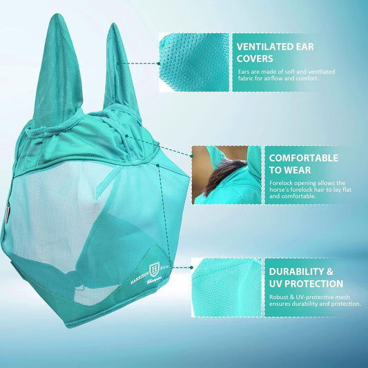 Harrison Howard UV-proof Multi-Function Fabrics Thick Fleece Padding Horse Fly Mask Half Face with Ears Mint Arabian Medium