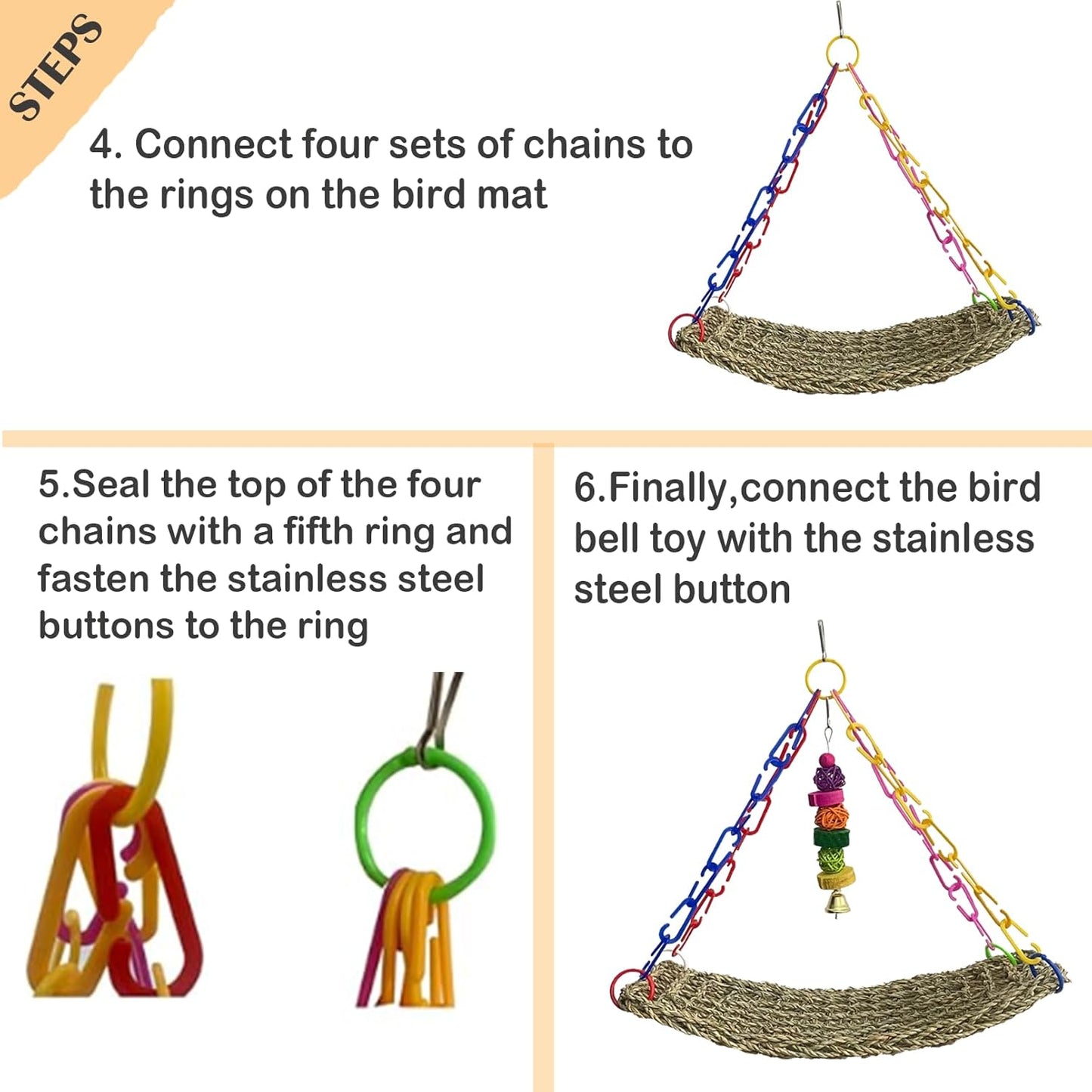 kathson Bird Seagrass Mat,Birds Swing Toy,Natural Grass Handmade Woven Hammock Hanging Parrot Lounger with Colour Toys for Lovebird,Cockatiel,Canary,Parakeets,Finch,Budgie (2 Pcs)