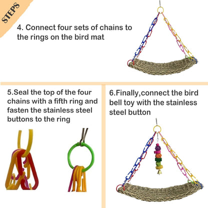 kathson Bird Seagrass Mat,Birds Swing Toy,Natural Grass Handmade Woven Hammock Hanging Parrot Lounger with Colour Toys for Lovebird,Cockatiel,Canary,Parakeets,Finch,Budgie (2 Pcs)