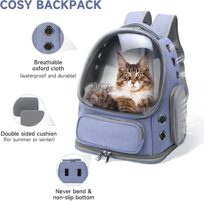 Cat Backpack Carrier, Breathable Cat Carrier Large Space Bubble Pet Backpack for Kitty Small Dog up to 12lbs, Transparent & Foldable Pet Carrier for Travel Hiking (Blue