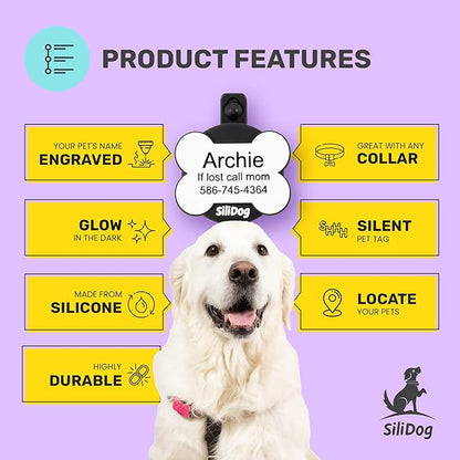 SiliDog AirTag Holder Silent Dog ID Tag – Personalized Engraved Silicone Pet Tag – Durable, Glow-in-The-Dark – Red Bone