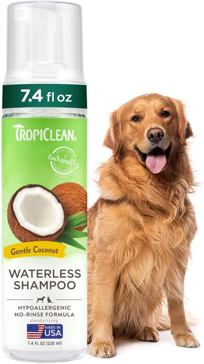 TropiClean Hypoallergenic Waterless Dog Shampoo | Dry Shampoo for Allergies & Sensitive Skin | Safe for Cats | Puppies & Kittens | No Rinse | 7.4oz