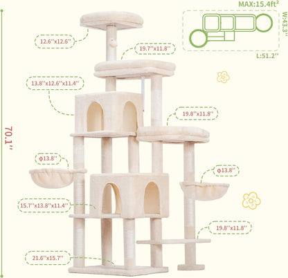 Hey-brother Cat Tree Tower, Scratching Posts with a Extended Part, Wide Platforms, Cozy Condos, Hammocks, Sisal Columns and Ball for Indoor Cats, 70.1 Inches, Beige MPJ038M